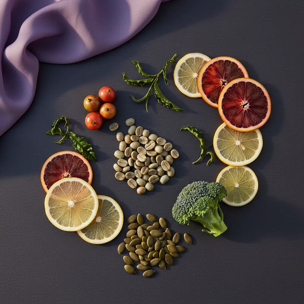 Flat-lay of green coffee beans, green tea leaves, guarana berries, pumpkin seeds and citrus - plant extract supplement for metabolism UK