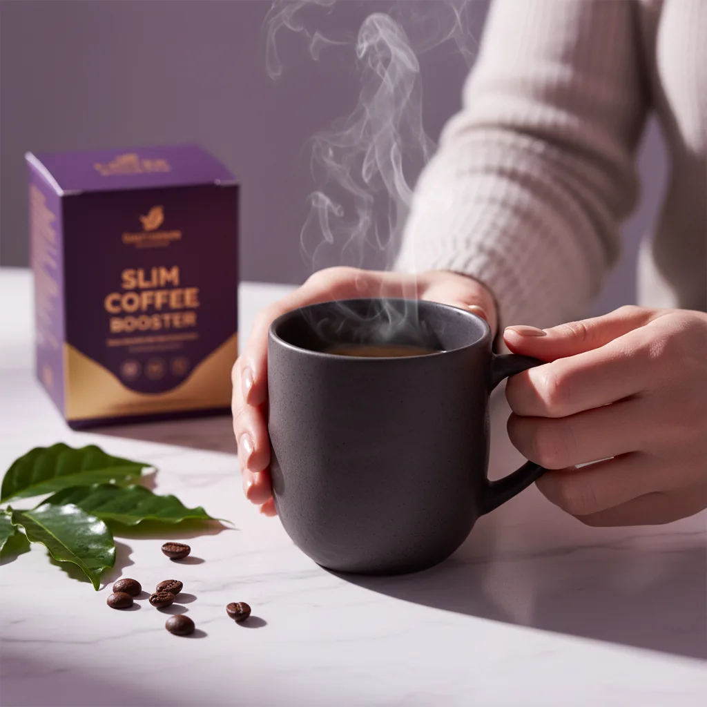Hands cradling a steaming mug with Slim Coffee Booster box in soft focus background - everyday wellness routine supplement preparation